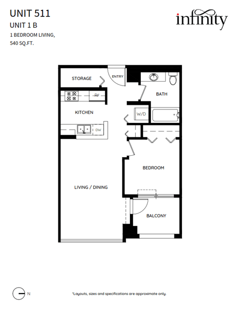 Floor plan for 1 bed, 1 bath